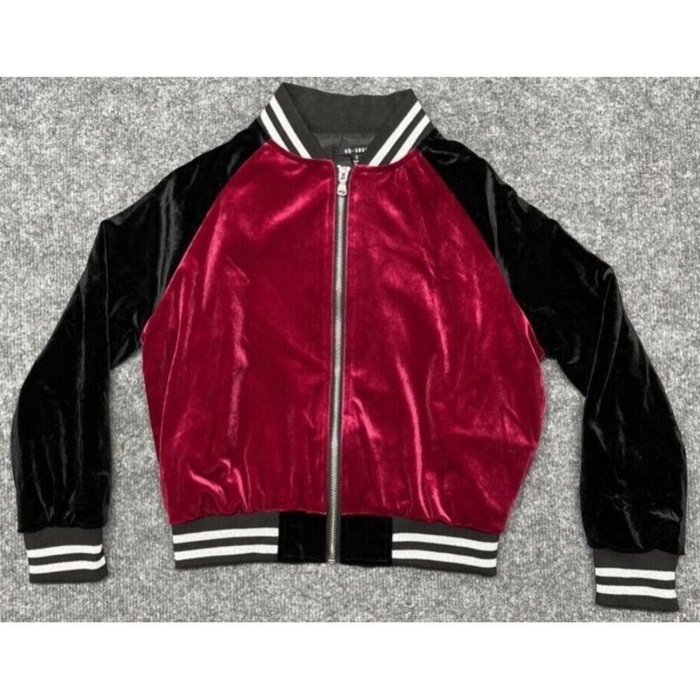 Girls' Red Velvet Bomber Jacket with Black Sleeves